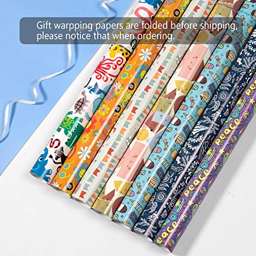 Wodasi Papel Para Envolver Regalos, 7 Hojas Papel de Regalo + 2 Rollo de Cinta, Papel de Regalo con Lindos Animales de Dibujos Animados, Papel Regalo para Cumpleaños, Navidad(70 x 50cm)