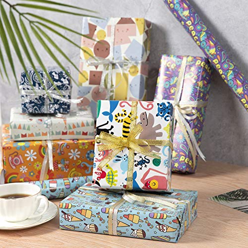 Wodasi Papel Para Envolver Regalos, 7 Hojas Papel de Regalo + 2 Rollo de Cinta, Papel de Regalo con Lindos Animales de Dibujos Animados, Papel Regalo para Cumpleaños, Navidad(70 x 50cm)