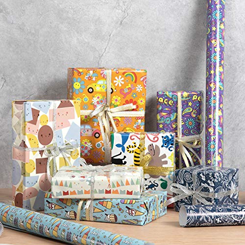 Wodasi Papel Para Envolver Regalos, 7 Hojas Papel de Regalo + 2 Rollo de Cinta, Papel de Regalo con Lindos Animales de Dibujos Animados, Papel Regalo para Cumpleaños, Navidad(70 x 50cm)