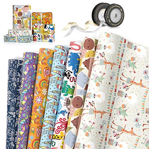 Wodasi Papel Para Envolver Regalos, 7 Hojas Papel de Regalo + 2 Rollo de Cinta, Papel de Regalo con Lindos Animales de Dibujos Animados, Papel Regalo para Cumpleaños, Navidad(70 x 50cm)