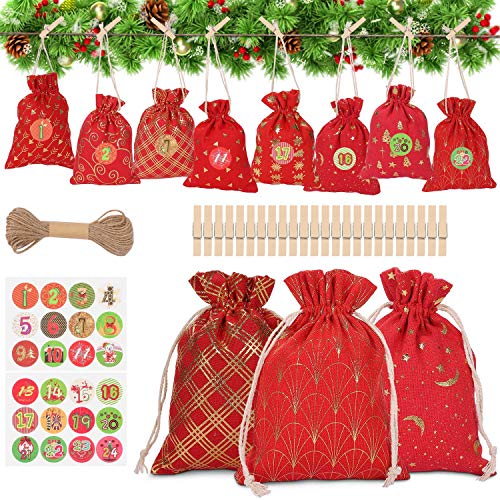 WOKKOL Bolsa de Regalo Navidad, Calendario Adviento, Calendario Adviento Navidad, 24 Calendario de Adviento, Bricolaje Calendario Adviento, Decoración Navideña para el Hogar(24PCS -8Patrones)