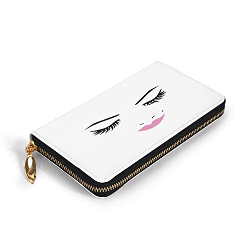 Women's Long Leather Card Holder Purse Zipper Buckle Elegant Clutch Wallet, Closed Eyes Pink Lipstick Glamor Makeup Cosmetics Beauty Feminine Design,Sleek and Slim Travel Purse