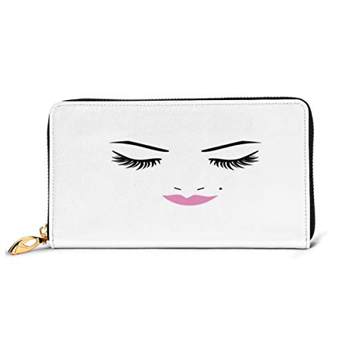 Women's Long Leather Card Holder Purse Zipper Buckle Elegant Clutch Wallet, Closed Eyes Pink Lipstick Glamor Makeup Cosmetics Beauty Feminine Design,Sleek and Slim Travel Purse
