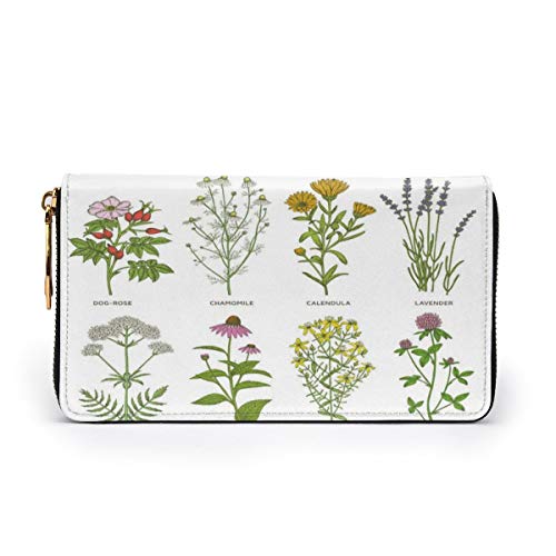 Women's Long Leather Card Holder Purse Zipper Buckle Elegant Clutch Wallet, Sweet Natural Cosmetics Flowers with Names Dog-Rose Chamomile Calendula Lavender,Sleek and Slim Travel Purse