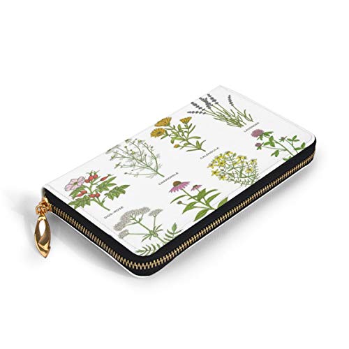Women's Long Leather Card Holder Purse Zipper Buckle Elegant Clutch Wallet, Sweet Natural Cosmetics Flowers with Names Dog-Rose Chamomile Calendula Lavender,Sleek and Slim Travel Purse