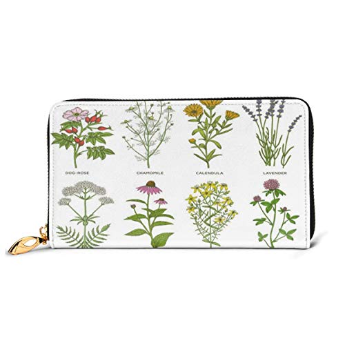 Women's Long Leather Card Holder Purse Zipper Buckle Elegant Clutch Wallet, Sweet Natural Cosmetics Flowers with Names Dog-Rose Chamomile Calendula Lavender,Sleek and Slim Travel Purse