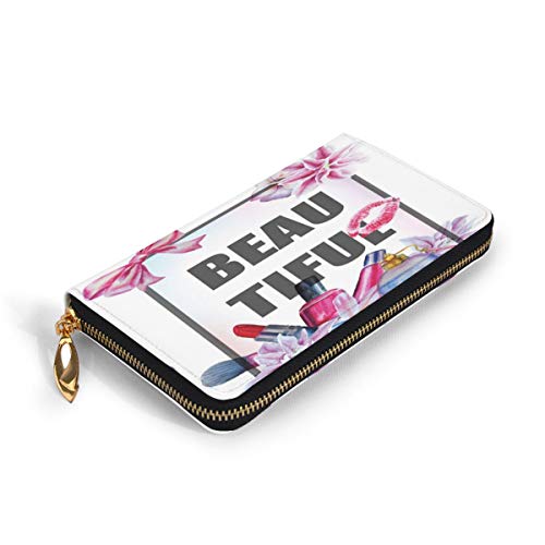 Women's Long Leather Card Holder Purse Zipper Buckle Elegant Clutch Wallet, The Text Beautiful In A Wreath Frame Design Floral and Cosmetics Theme Ribbon,Sleek and Slim Travel Purse