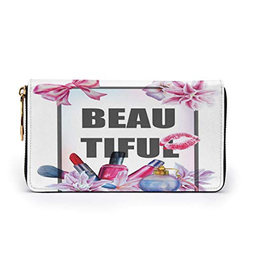 Women's Long Leather Card Holder Purse Zipper Buckle Elegant Clutch Wallet, The Text Beautiful In A Wreath Frame Design Floral and Cosmetics Theme Ribbon,Sleek and Slim Travel Purse