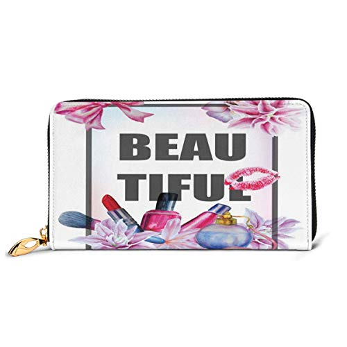 Women's Long Leather Card Holder Purse Zipper Buckle Elegant Clutch Wallet, The Text Beautiful In A Wreath Frame Design Floral and Cosmetics Theme Ribbon,Sleek and Slim Travel Purse