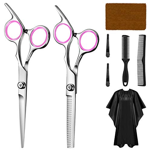WOMGF barbero Tijeras Cortar Pelo,tijeras de peluquería con capa de barbero y peine de maquinilla de afeitar, clips,Conjunto Tijeras Peluquelo Profesional para el cabello，Rosado