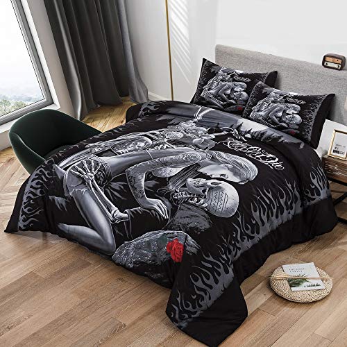 WONGS BEDDING Juego de Ropa de Cama con Forma de Calavera 3D Ropa de Cama para Viaje o para Morir Fundas nórdicas Microfibra hipoalergénica 3 Piezas Funda nórdica Amante con King Size 220X230 cm