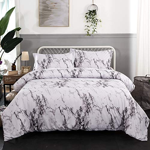 WONGS BEDDING Ropa de Cama de Mármol Blanco Funda Nórdica Grande 3 Piezas Moderno Reversible Gris Impreso Microfibra Edredón Ropa de Cama Conjunto Cierre de Cremallera 220x240 cm