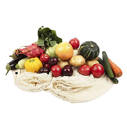 Woo Well Bolsas de vegetales reutilizables de algodón,bolsas de frutas y vegetales, bolsas de malla transpirables, hermosas bolsas de algodón natural,6 piezas - 2x S, 2x M, 2x L
