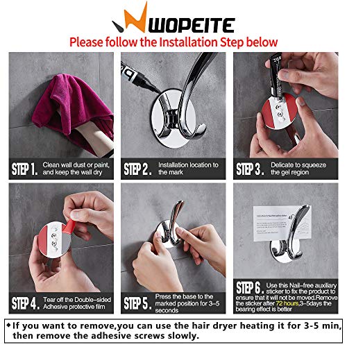 Wopeite Percha adhesiva para toallas y albornoces, Acero inoxidable, Instalación sin taladro, Organizador para baño y cocina, Toallero de gancho para puertas, Pack de 2