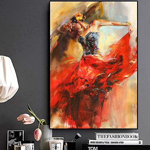 wopiaol Sin Marco Retrato Abstracto Moderno Carteles e Impresiones Arte de la Pared Pintura de la Lona Bailarina en Vestido Rojo Cuadros Decorativos para la Pared de la habitación