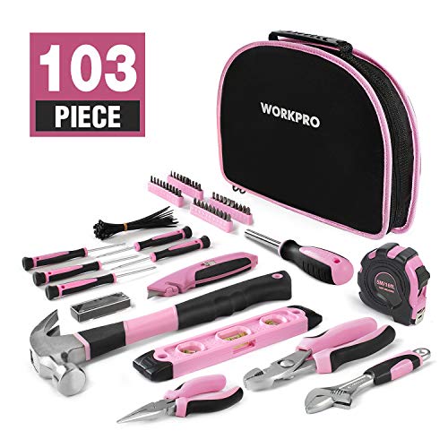 WORKPRO 103 Piezas Juego de Herramientas Portátil para DIY con Bolsa Rosa, Alicates Destornilladores Llaves Martillo para Bricolaje y Reparaciones Diarias, Ideal para Esposa Novia Chicas
