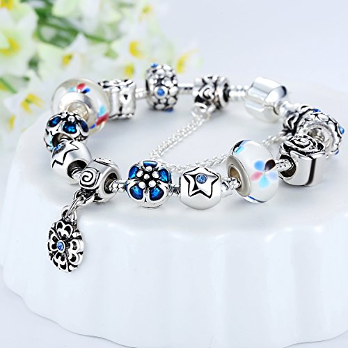 Wostu Cadena de Seguridad Amor Plateado Plata de la Flor Colgantes Murano Pulsera del Encanto del Grano