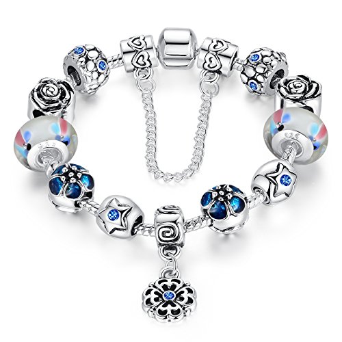 Wostu Cadena de Seguridad Amor Plateado Plata de la Flor Colgantes Murano Pulsera del Encanto del Grano