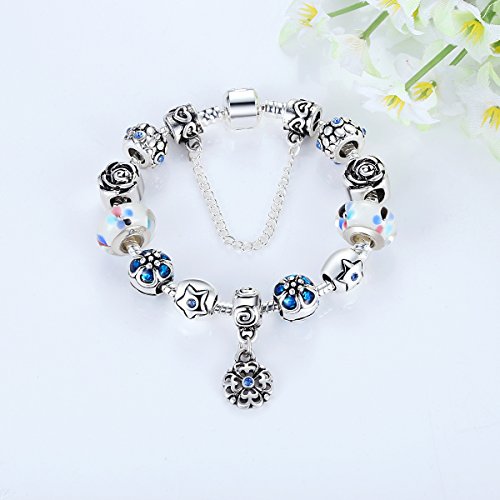 Wostu Cadena de Seguridad Amor Plateado Plata de la Flor Colgantes Murano Pulsera del Encanto del Grano