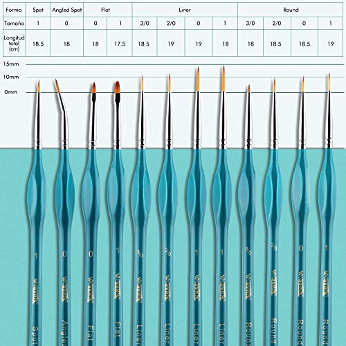 WOTEK Pinceles para Pintura 12 Piezas, Juego de Pinceles Finos de Arte Profesionales, Pinceles Acrilico de Nylon Pinceles Miniaturas de Mango Madera con Estuche Portátil para Óleo/Acrílica/Acuarela