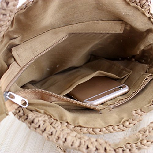 WOVELOT Bolso de playa de papel redondo Bolso de playa de verano Mini Bolso de cuero de crossbody hecho a mano vintage Bolso de ratan de ninas Circle pequeno Bolso de hombro bohemio bolso ratan(Brown)