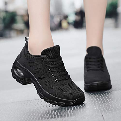 WOWEI Zapatillas Deportivas de Mujer Ligero Respirable Running Sneakers Mesh Plataforma Mocasines Zapatos de Cuña,Negro,40 EU