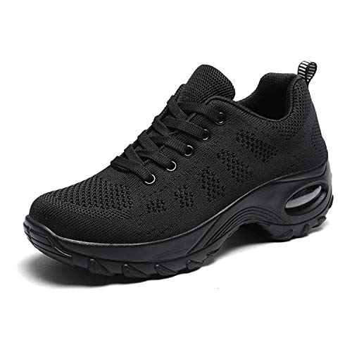 WOWEI Zapatillas Deportivas de Mujer Ligero Respirable Running Sneakers Mesh Plataforma Mocasines Zapatos de Cuña,Negro,40 EU