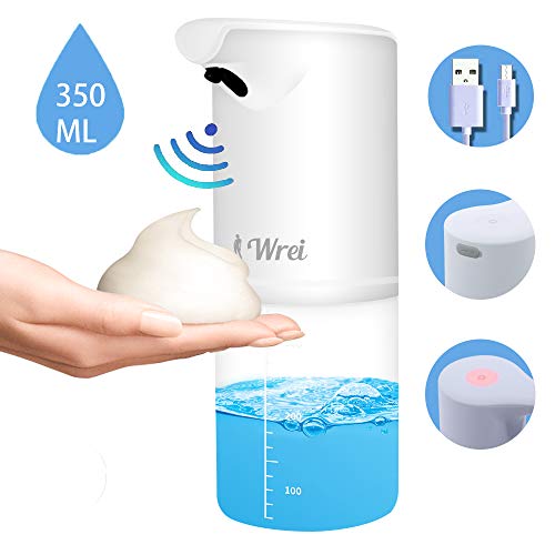Wrei Dispensador de Desinfectante Manos, Dispensador de Jabón Automático Sensor de Movimiento Inteligente y Impermeable IPX4, Recargable Dosificador Jabon Espuma con USB para Cocina, Baño ect.