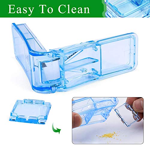 XCOZU Cortador Pastillas Portátil con Hoja de Acero Inoxidable para Pequeñas Píldoras y Píldoras Grandes, Cortador de Pastillas 2 en 1 con Caja Pastillas, Azul Transparente