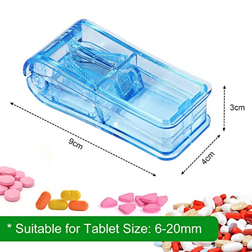 XCOZU Cortador Pastillas Portátil con Hoja de Acero Inoxidable para Pequeñas Píldoras y Píldoras Grandes, Cortador de Pastillas 2 en 1 con Caja Pastillas, Azul Transparente