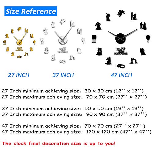 XDG Lovers Couple Engaged Custom Wedding Party Wall Art Decoration Relojes de Pared Grandes Reloj de Pared Grande Personalizado Regalo de San Valentín (Oro 、 37 Pulgadas)