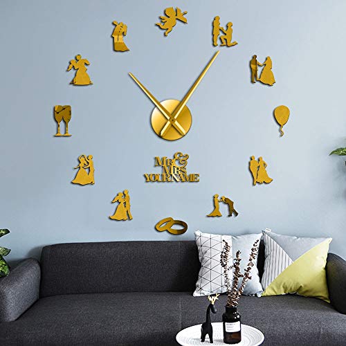 XDG Lovers Couple Engaged Custom Wedding Party Wall Art Decoration Relojes de Pared Grandes Reloj de Pared Grande Personalizado Regalo de San Valentín (Oro 、 37 Pulgadas)