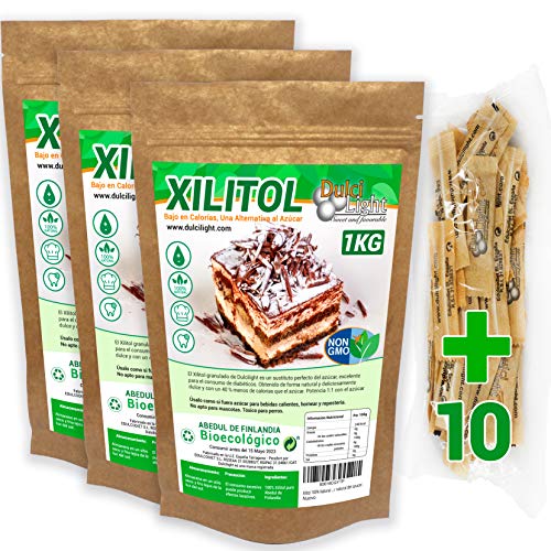 Xilitol 100% Natural Ecologico 3Kg Azucar de Abedul de Finlandia + 10 sobres Regalo de Nuevo Edulcorante Moreno DULCILIGHT el sabor natural del azucar.