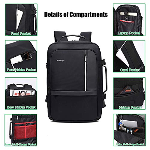 Xnuoyo Mochila para Portátil Hombre, Resistente al Agua Multifuncional Convertible TSA Mochila de Viaje Cabina como Equipaje de Mano Puerto USB de Negocios Trabajo Ordenador para Hombre Mujer (Negro)