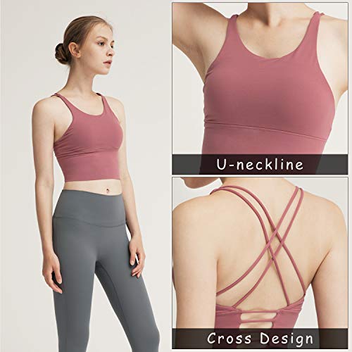 Xnuoyo Sujetador Deportivo para Mujer Correas Entrecruzadas únicas, Sujetador de Yoga sin Cables con Copas Extraíbles(Pink, XL)