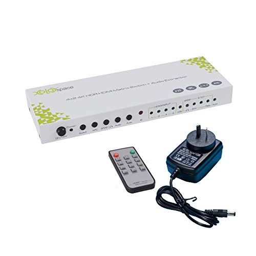 XOLORspace 23421 HDMI 2.0 4X2 HDMI Matrix switcher select any one of four HDR HDMI input to one HDR HDMI output and one HDMI output for audio only supports 4k 60hz 4:4:4 8 bit HDR ARC audio extractor