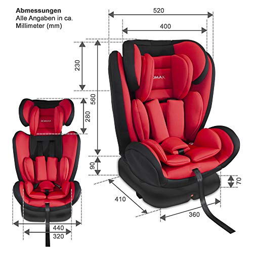 XOMAX XM-KI360 Silla de coche con 360° función de rotación y ISOFIX I rojo I 0-36 kg, 0-12 años, grupo 0/1/2/3 I Arnés de 5 puntos y arnés de 3 puntos I Funda desmontable y lavable I ECE R44/04