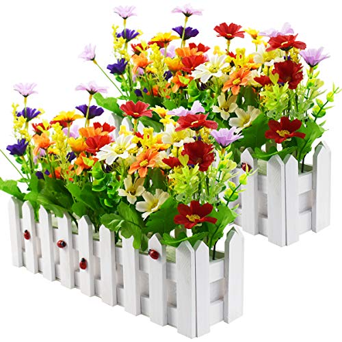 XONOR - Planta artificial para flores al aire libre – Mezcla de color margaritas en maceta de palisandro para buzón interior de jardín de boda de decoración principal 2 juegos