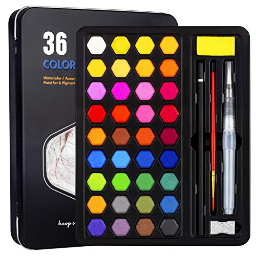 Xpassion Caja de Acuarelas, Set de Pintura de Acuarelas 36 Colores Metal Estuche Pigmento Sólido Acuarela Conjunto, Juego de Pintura de Acuarela para Niños,Principiantes,Regalo de navidad,Cumpleaños