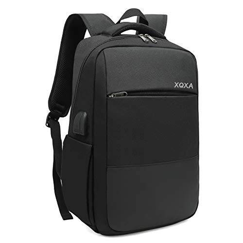XQXA Mochila Unisex Impermeable para Ordenador Portátil de hasta 15.6 Pulgadas, con Puerto USB, Conector para Auriculares y Bolsillo Antirrobo. para los Estudios, Viajes o Trabajo - Negro