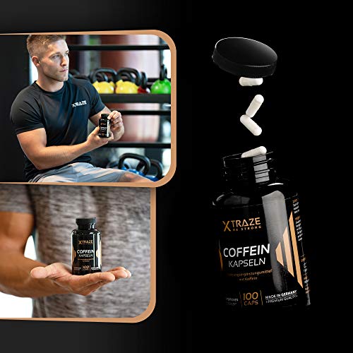 XTRAZE® Cafeína Pura Polvo en Cápsulas 200 mg de Dosis Alta, 100 Cápsulas Durante 100 Días de Uso Continuo, sin Aditivos Innecesarios, sin Sabor y anhidra, Natural Suplemento, Calidad Alemana