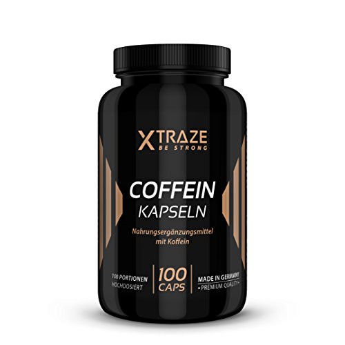 XTRAZE® Cafeína Pura Polvo en Cápsulas 200 mg de Dosis Alta, 100 Cápsulas Durante 100 Días de Uso Continuo, sin Aditivos Innecesarios, sin Sabor y anhidra, Natural Suplemento, Calidad Alemana