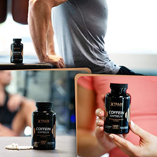 XTRAZE® Cafeína Pura Polvo en Cápsulas 200 mg de Dosis Alta, 100 Cápsulas Durante 100 Días de Uso Continuo, sin Aditivos Innecesarios, sin Sabor y anhidra, Natural Suplemento, Calidad Alemana