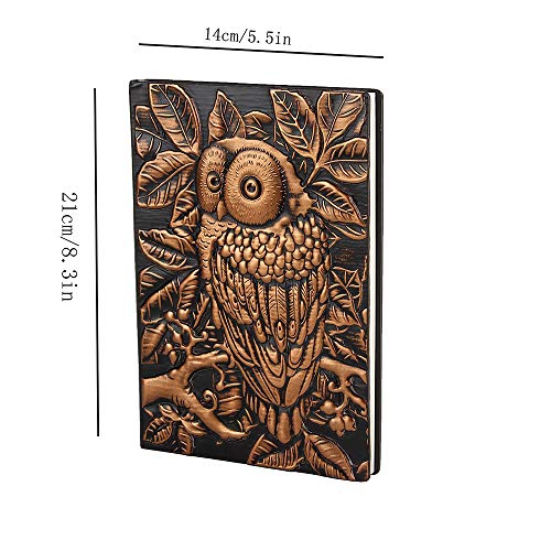 XUAN A5 Libretas Bonitas Tapa Dura, Cuadernos Cuero Vintage, Bullet Journal Notebook Diario Secreto Niños Niña Adultos, Hojas Rayas/Lined 200 Página Regalo originales para Mujer Hombre 3D Búho Cobre