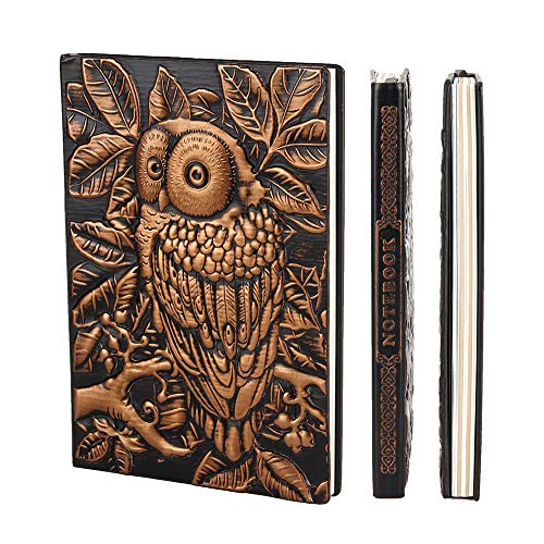 XUAN A5 Libretas Bonitas Tapa Dura, Cuadernos Cuero Vintage, Bullet Journal Notebook Diario Secreto Niños Niña Adultos, Hojas Rayas/Lined 200 Página Regalo originales para Mujer Hombre 3D Búho Cobre