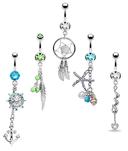 YADOCA 10 Piezas Botón del Ombligo Adecuado para Mujeres y Niñas Acero Inoxidable Flexible con un Colgante Piercing en el Cuerpo