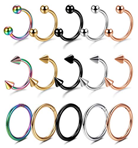 YADOCA 15 Piezas 1.2 mm Set de Acero Inoxidable Piercing Colores Mujer Nariz Piercing Herradura Anillos Labret Piercing Clicker Septum Labio Anillo Aro Helix Cartílago Tragus 8mm 10mm