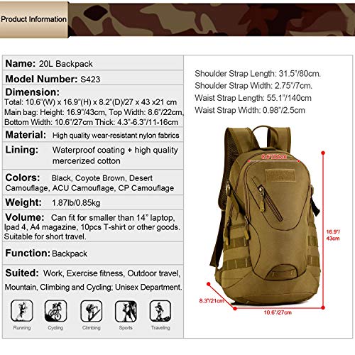Yakmoo Mochila de Asalto 20L Estilo Militar Táctico Molle Sistema Bolsa de Estudiante Impermeable al Aire Libre