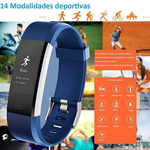 YAMAY Pulsera Actividad con Pulsómetro Mujer Hombre, Monitor de Actividad Deportiva, Ritmo Cardíaco, Impermeable IP67, Reloj Fitness, smartwatch con Podómetro, Color Azul