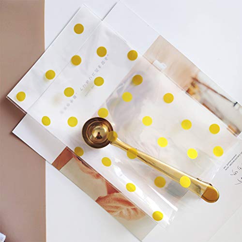 YANSHON Bolsas de Celofan Regalos Bolsas Regalos Cumpleaños 100pcs Bolsas Caramelos Bolsas Sobres de Comida Bolsas Dulce Bolsa de Confeti, Doradas con Lunares y Tiras Transparentes con Cierre Dorado